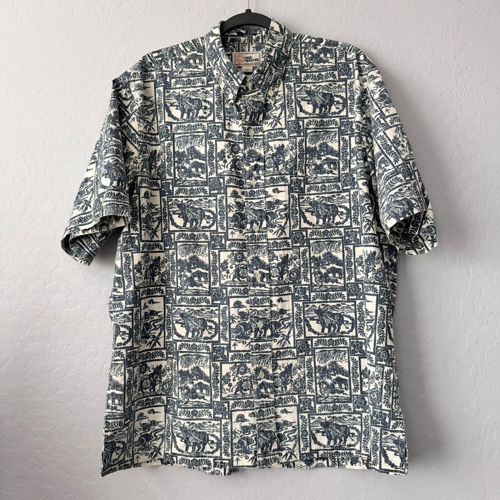 Reyn Spooner Large Vintage Button Down Short Sleeve Shirt Blue Block Print Ox